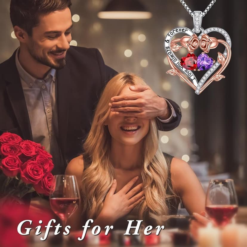 925 Sterling Silver Necklace, Gift Box Packaging, Anniversary Birthday Gifts for Women Her Wife Mom Grandma Iefil Rose Heart Double Birthstone Necklace, Gifts for Wife Her Women B0C1YY72HH