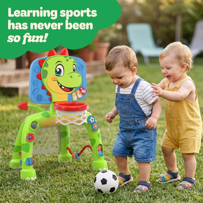 Move2Play, Dinosaur Basketball Hoop & Soccer Goal Activity Center | 30+ Sounds & Songs + 5 Lights | 1 2 3 Year Old for Boys and Girls | Toy & Gift for Baby & Toddlers B0FJSJHNHY