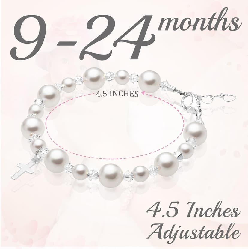 Baby Crystals Pearl Bracelets for Girls, Sterling Silver Cross Charm, Baptism Gifts for Girl, Baby Bracelet with Simulated White Pearls and Crystals, Girls Jewelry Birthday Gift