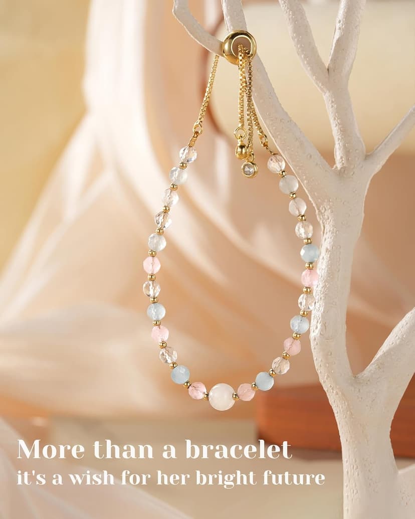 HGDEER Natural Crystal Bracelet 13th 16th Birthday Gifts for Girls - Rose Quartz Moonstone Aquamarine Healing Stones Jewelry with Meaning Card for Daughter Granddaughter