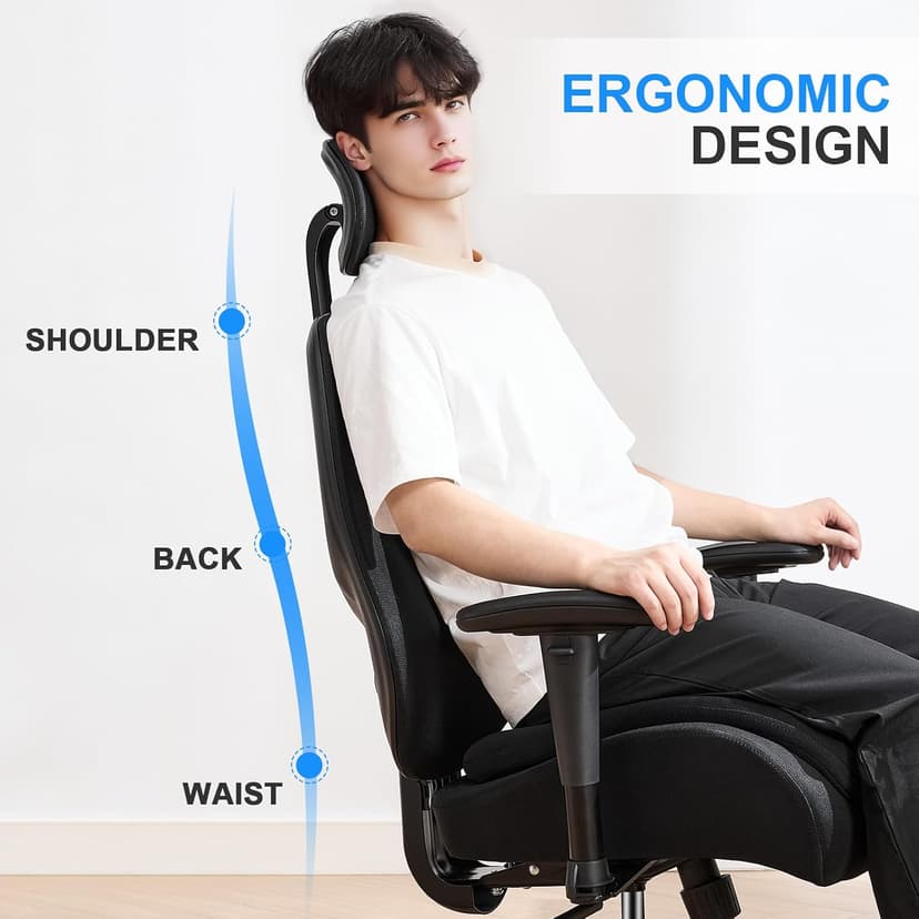 BOSMILLER Big and Tall Office Chair with Wide Thick Seat Cushion for Heavy People,700lbs Ergonomic Mesh Desk Chair with Adjustable Lumbar Support and Headrest, Armrests for Adults Sitting All Day
