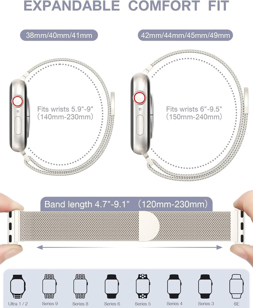 Original Stainless Steel Milanese Loop Compatible with Apple Watch Band 38mm 40mm 41mm 42mm 44mm 45mm 49mm, Magnetic Clasp Replacement Band for iwatch Series 9, Ultra 2/Ultra, SE/SE 2nd Generation, 8 7 6 5 4 3 2 1, Women & Men Watch Bands for iWatch (Starlight, 41mm/40mm/38mm)