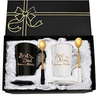 YHRJWN Mom and Dad Gifts, Best Dad and Mom Mug, Christmas Birthday Gifts for Parents from Daughter Son New Parent Couple Gift Set, Christmas 14 Oz Coffee Mug with Gift Box Coaster Spoon