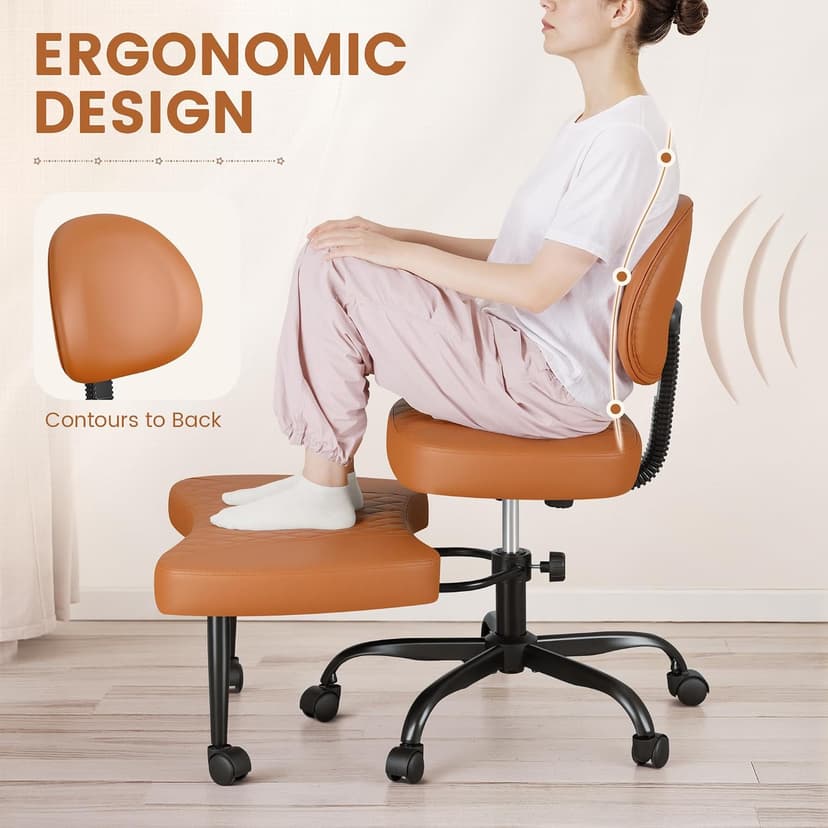 Shahoo Ergonomic Cross Legged Office Chair with Wheels - Adjustable Height Kneeling Meditation Chairs for ADHD, Yoga & Desk Work - Wide Criss Cross Seat with Lumbar Support, (Faux PU,Brown)