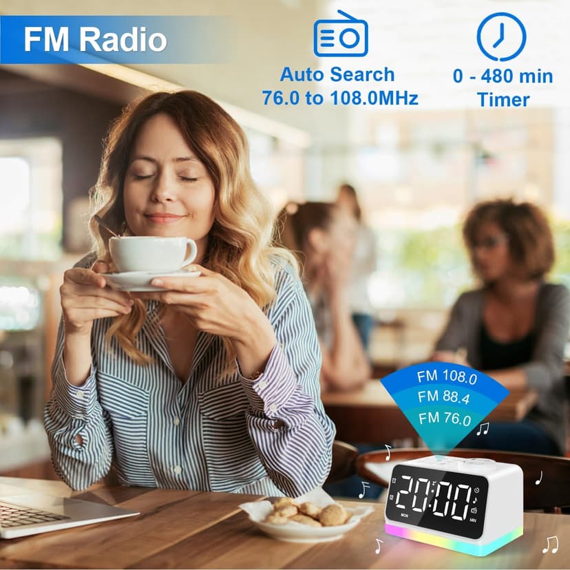 JALL Digital Alarm Clock with FM Radio for Bedroom, 8 Colors Night Light with Charging Port, Sleep Sound Machines with Timer, Dual Alarm (White with White Font)