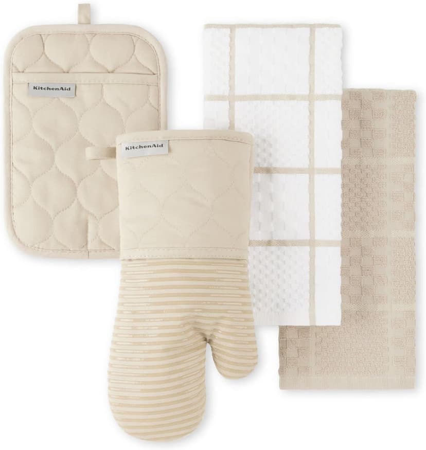 KITCHENAID Quilted Cotton Terry Cloth Oven Mitt, Pot Holder, Kitchen Towel 4-Pack Set, Heat Resistant, Silicone Grip, 16"x26", 7"x13" & 7"x10", Milkshake Tan B0BMKJFFP1