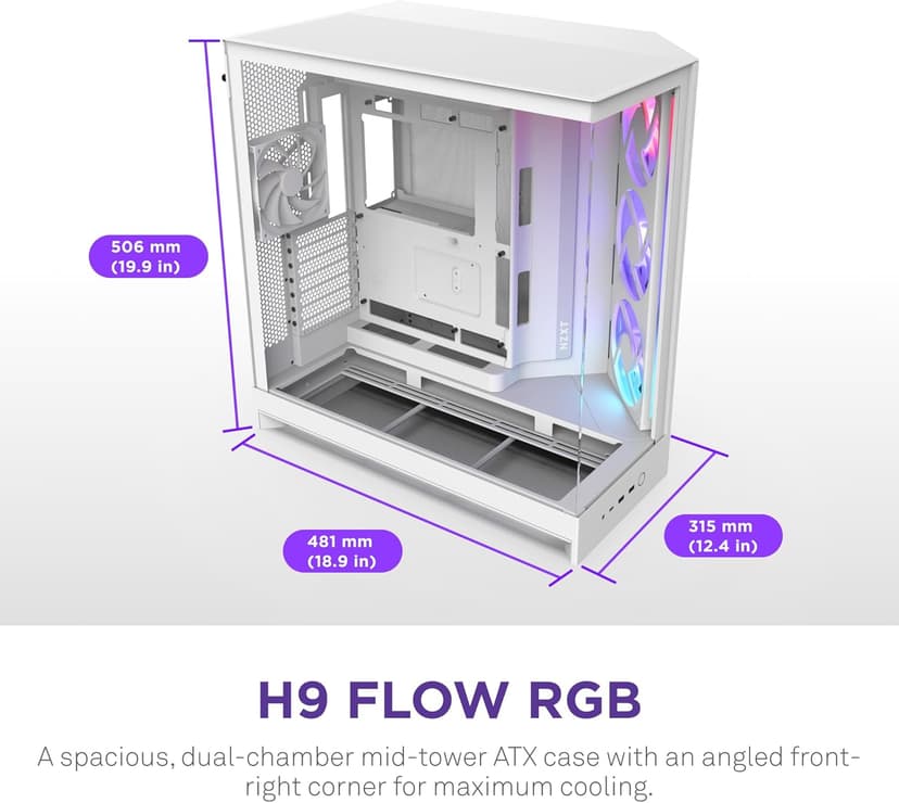 NZXT H9 Flow RGB (2025) – Large Dual-Chamber ATX Mid-Tower Airflow PC Case – Includes 1 x 420mm RGB Fan Unit & 1 x 120mm Fan – 420mm Radiator Support – Tempered Glass – Back-Connect Ready – White