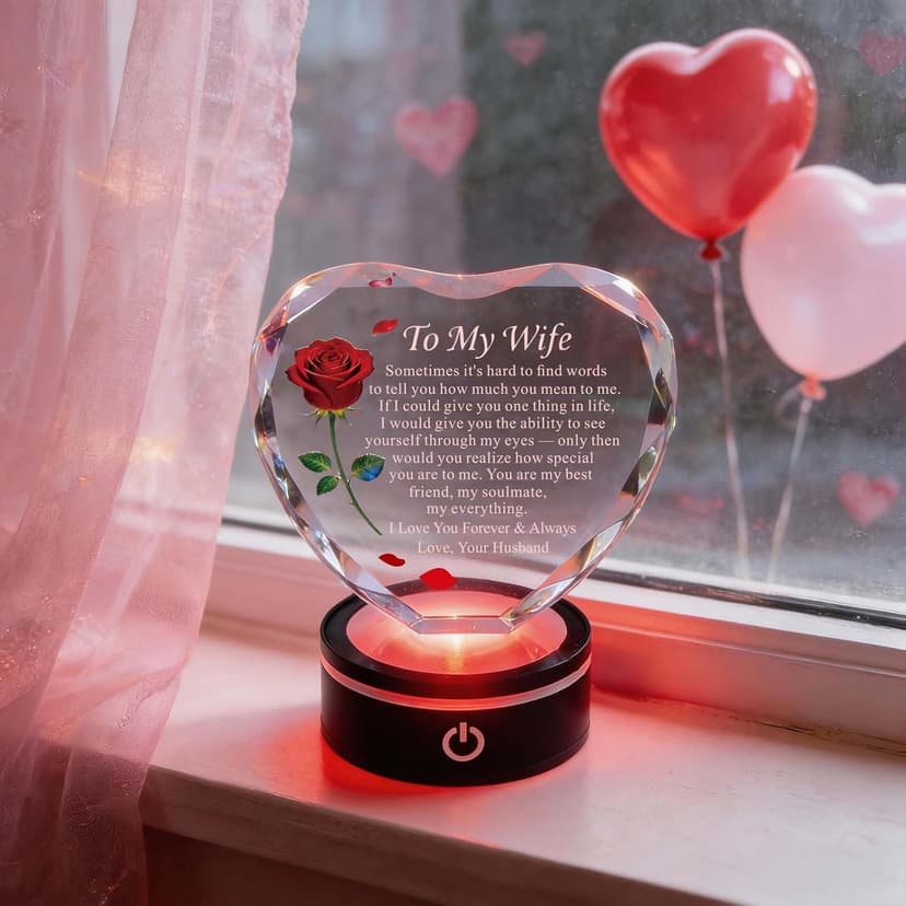 Wedding Anniversary Birthday Christmas Valentine's Day Gift from Husband, To My Wife, K9 Crystal, Color Changing LED Romantic Gifts for Wife Crystal Heart Rose Keepsake LED Base B0GV7TXQF4