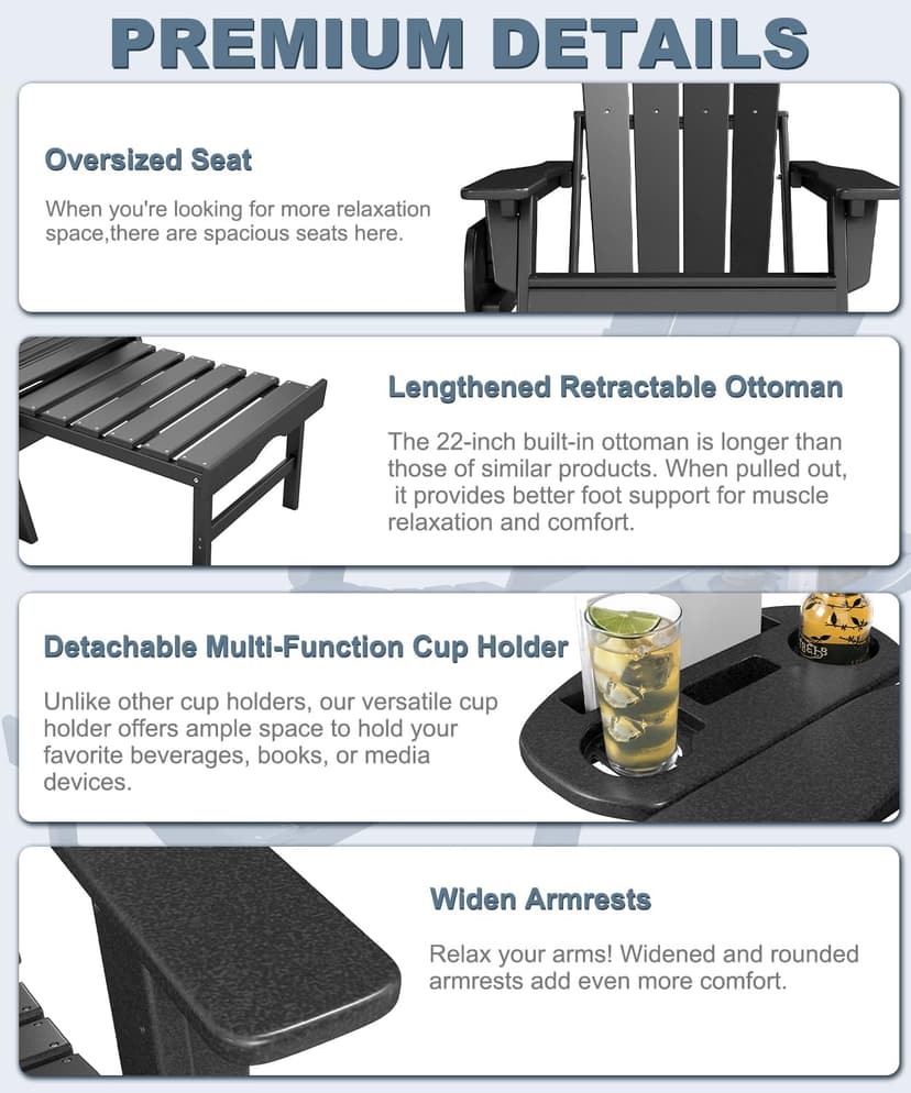 NAVINE Adjustable Adirondack Chair with Retractable Ottoman Set of 2, HDPE Folding Adirondack Chair with Cup Holder, All Weather Fire Pit Chair for Outdoor.