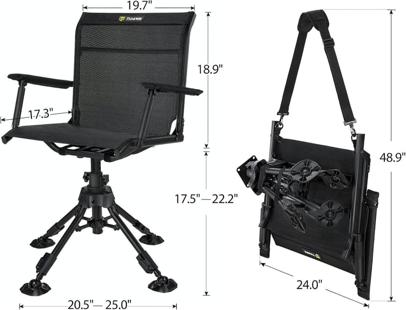 TIDEWE Hunting Chair with Seat Cover, 360 Degree Silent Swivel Blind Folding Chair, 4 Legs Adjustable Height Hunting Seats with Armrest, Portable Comfortable Stable Ground Hunting Chair