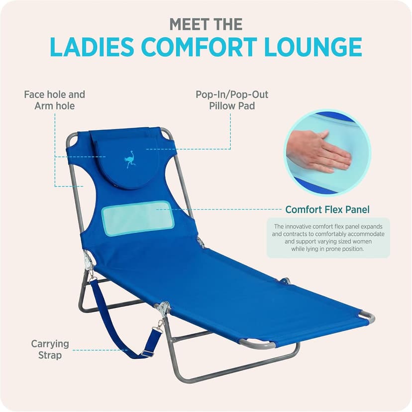 Ostrich the Ladies Comfort Lounger with Chest Support, Foldable and Portable Reclining Outdoor Patio Beach Lawn Camping Pool Tanning Chair, Ocean Blue
