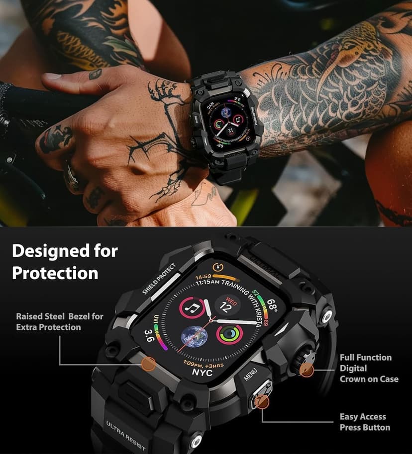 ULTIMAL Rugged Case with Band for Apple Watch 44mm,Compatible with Apple Watch Series SE 3/SE 2/SE Generation/6/5/4, Military Grade Shockproof Bumper Cover for iWatch Tactical Band Men (Black, 44mm)