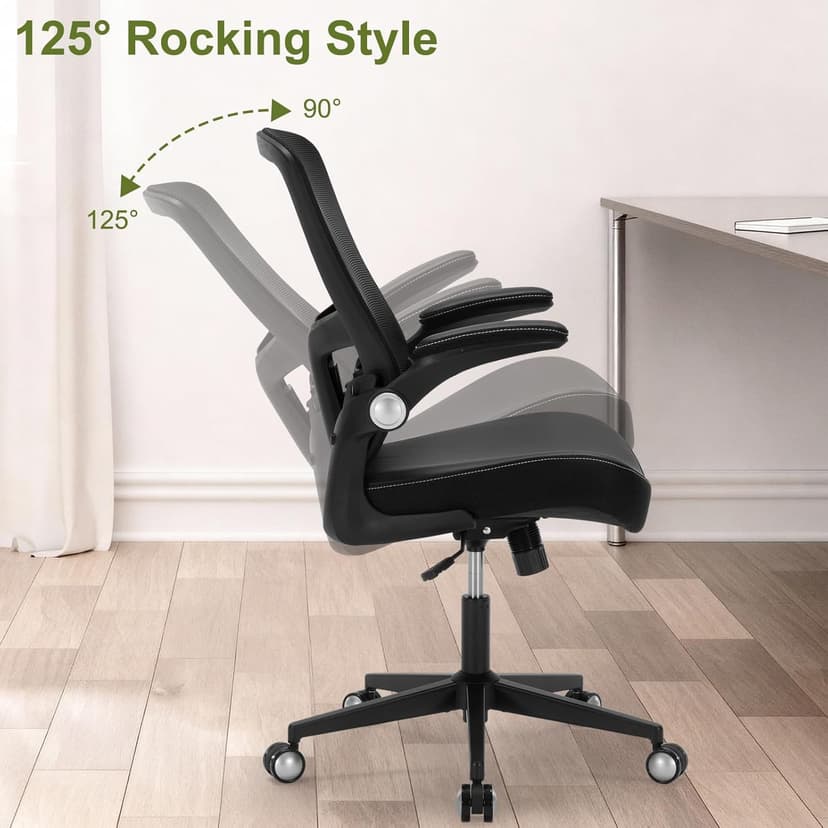 Ergonomic PU Leather Office Chair, 400lbs Weight Capacity, Breathable Mesh Back, Adjustable Height & Flip-Up Arms, Heavy Duty Computer Desk Chair for Home & Office, Black