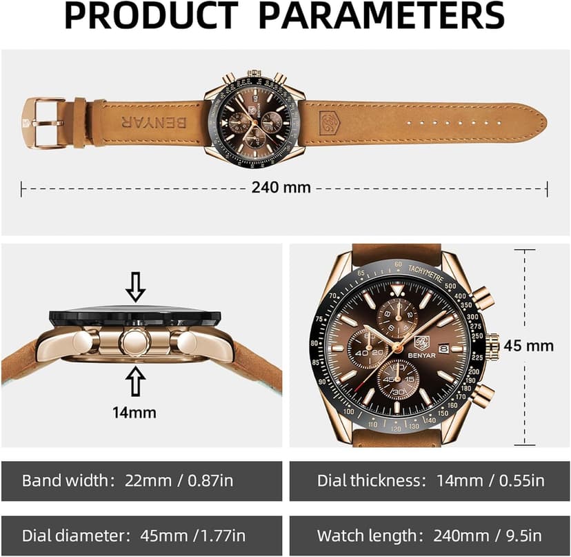 BENYAR Mens Watches Quartz Analog Chronograph Waterproof Wrist Watches for Men Fashion Business Work Casual Sport Dress Watch with Calendar