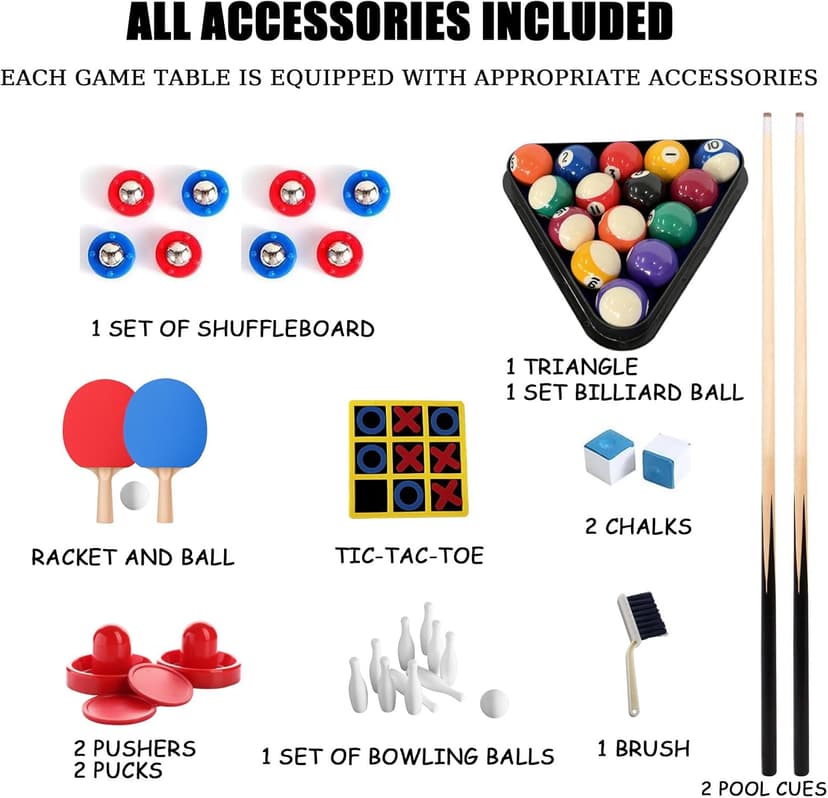 6 in 1 Multi Game Table Folding Pool Table, Billiard, Hockey, Table Tennis, Bowling, Shuffle Board and Tic Tac Toe with All Accessories