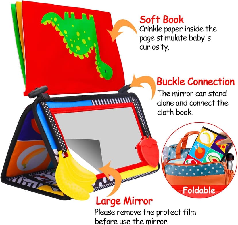 Tummy Time Baby Mirror Infant Toys Newborn 0 3 Months Brain Development with Crinkle Cloth Book Teether Black and White High Contrast Baby Toys 2 4 5 0-6 Month Boys Girls Sensory Activity Shower Gifts