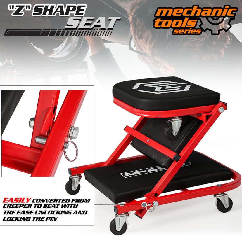 M-AUTO Foldable Z Creeper 2-in-1 Rolling Folding Car Creeper & Seat, 36" Adjustable Roller Garage Chair Lay Down or Sit, 330LBS Capacity Under Car Roller Creeper with 6 Swivel Casters, Red B0BPSQMJ9V