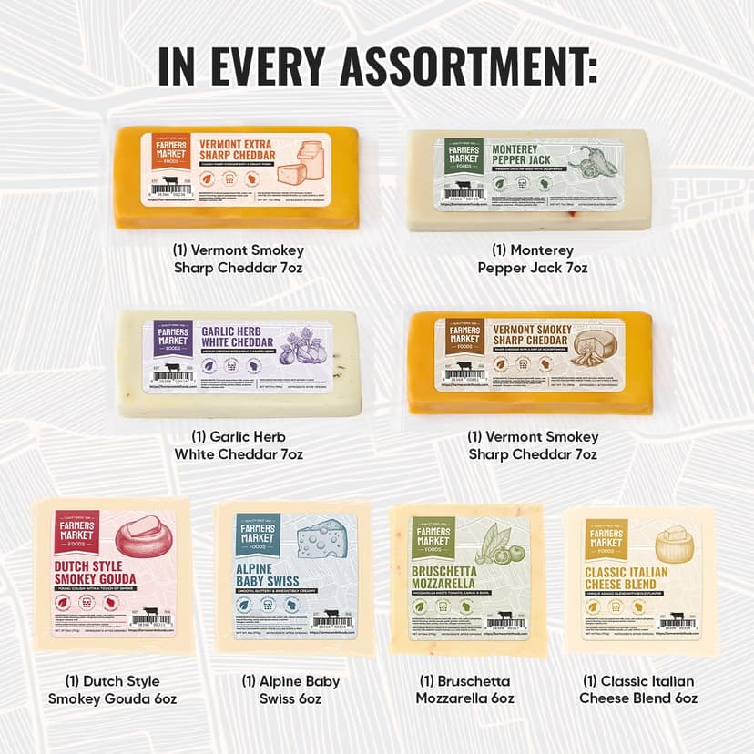 Garlic, Smokey Cheddar, Sharp Cheddar, Pepper Jack, Gouda, Swiss, Mozzarella & Italian Blend – Gluten Free, Keto & Paleo Farmers Market Wisconsin Cheese Artisan Gift Set for Charcuterie, 8 Count B0CRMBJ81D