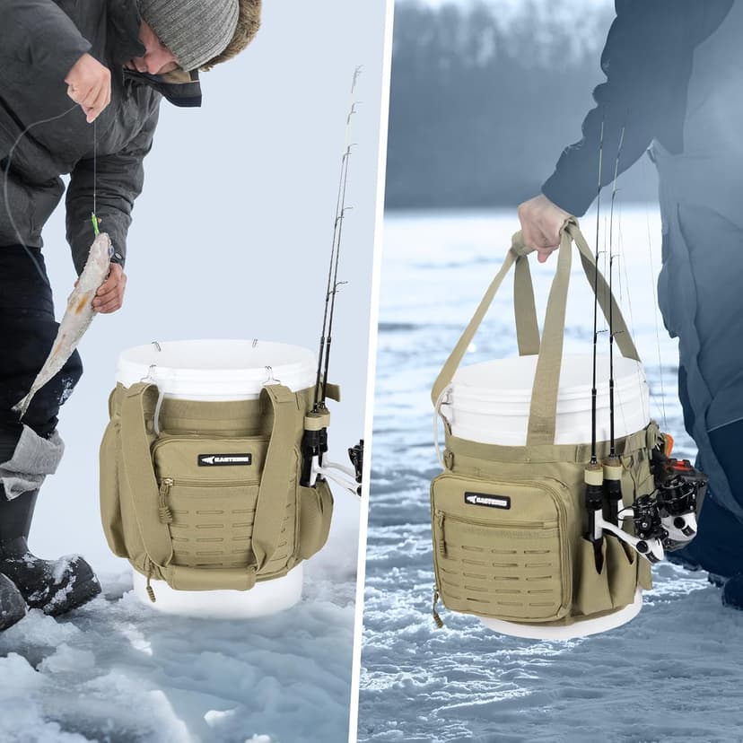 KastKing Karryall Fishing Bucket Organizer for 5 Gallon Bucket, Ice Fishing Tackle Bag with Adjustable Buckle, Rod & Plier Holder and Multi-Pockets for Fishing Gear & Accessories Storage,Khaki