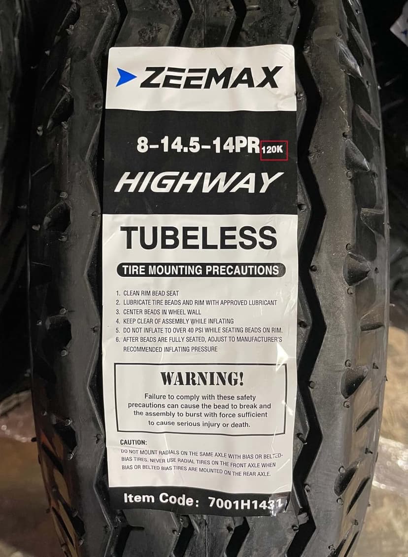 Zeemax Heavy Duty True Highway Trailer Tires 8-14.5 14 Ply Load Range G Speed Rating K 68mph- Set 4