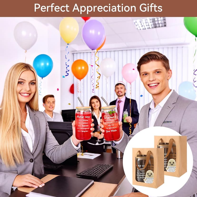 42 Pcs/6 Sets Employee Appreciation Gifts Bulk - Includes 16oz Glass Cups with Bamboo Lid, Positive Crochet, Inspirational Notebooks with Pens, Kraft Paper Gift Bags & Straw - Thank You Gifts for Coworkers, Teachers, Staff & Team B0G5MPS7K6