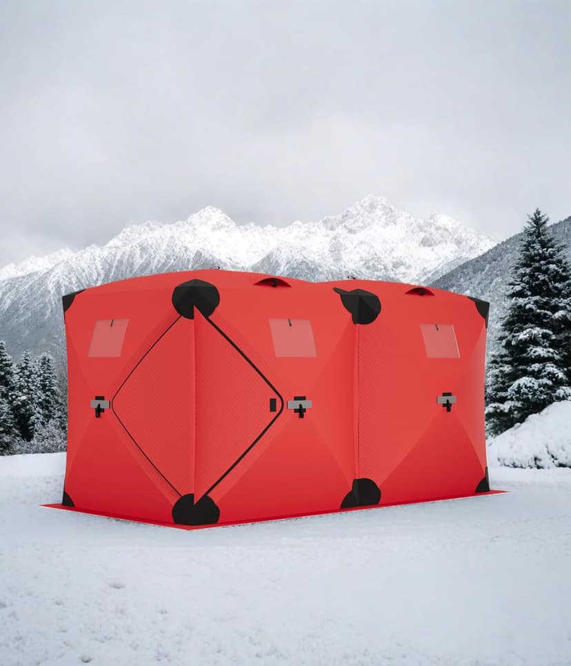 Pop Up Ice Fishing Tent Insulated Ice Fishing Shelter Portable Hub-Style Shelter Shanty Windproof and Warm, Multiple Sizes for 6-8 Person, Red, 6x11.7x6.6 Ft