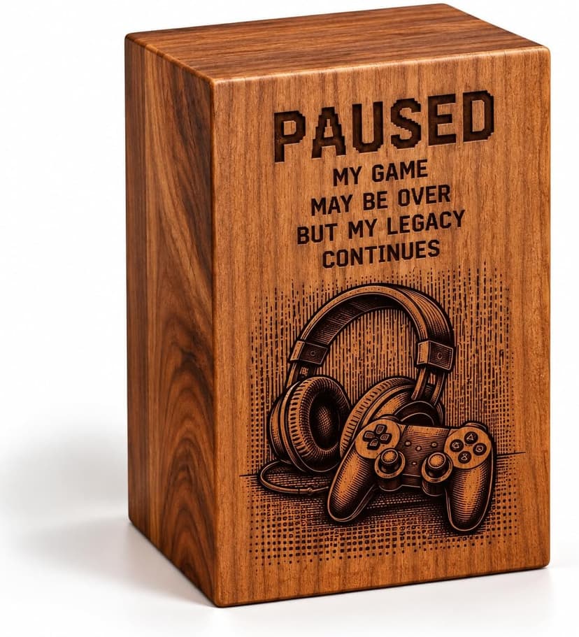 Gaming Memorial Urn Box for Human Ashes,Cremation Urn with Laser Engraved Headphones & Game Controller Design, Wooden Keepsake Funeral Urn for Adult Ashes, Memorial Gift B0HD81S9SR