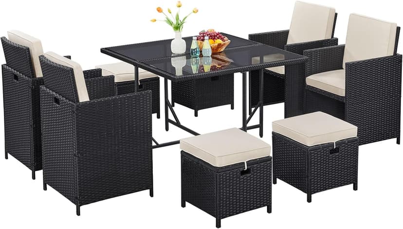 Yaheetech 9-Piece Patio Dining Sets, Outdoor Space Saving Rattan Chairs with Glass Table, Wicker Sectional Conversation Furniture Set with Removeable Cushions, Black/Beige