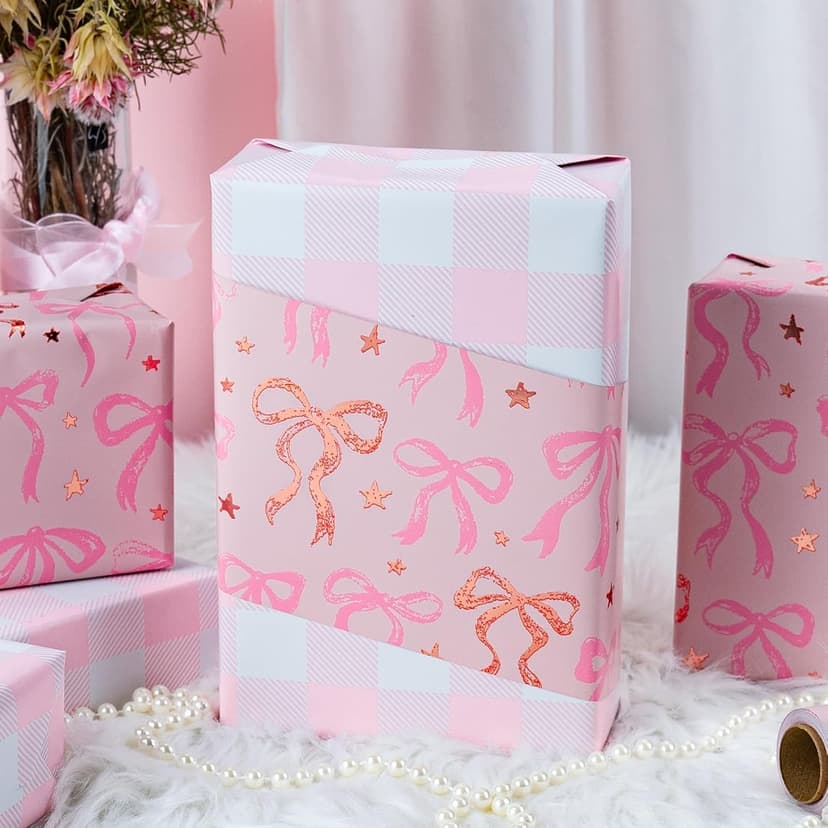 Reversible Plaid Gift Paper for Girl Baby Shower, Birthday, Wedding, Bridal Shower, Memorial Day, 17 Inch x 33 Feet MAYPLUSS Pink Wrapping Paper Roll, Cute Bow Gift Wrap B0DXV62X5W