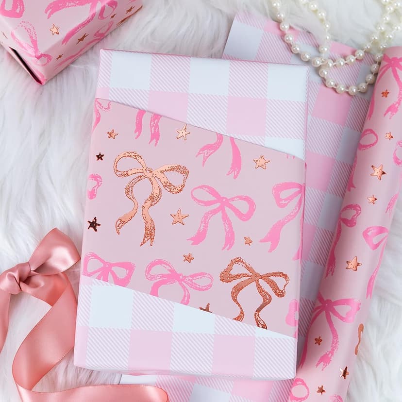 Reversible Plaid Gift Paper for Girl Baby Shower, Birthday, Wedding, Bridal Shower, Memorial Day, 17 Inch x 33 Feet MAYPLUSS Pink Wrapping Paper Roll, Cute Bow Gift Wrap B0DXV62X5W