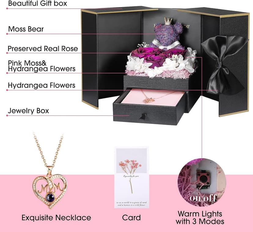 ADDWel Meaningful Gifts for Mom from Daughter Son, Preserved Purple Rose Gift Box with MOM Necklace, I Love You Necklace in 100 Languages, Mother’s Day Birthday Gifts for Mom B0BZ7SWYTH