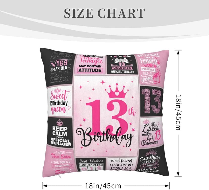 13th Birthday Gifts for Girls, 13 Year Old Girl Birthday Gift Ideas, 13 Yr Old Girl Presents Decorations for Girls Throw Pillow Covers 18x18 Inch