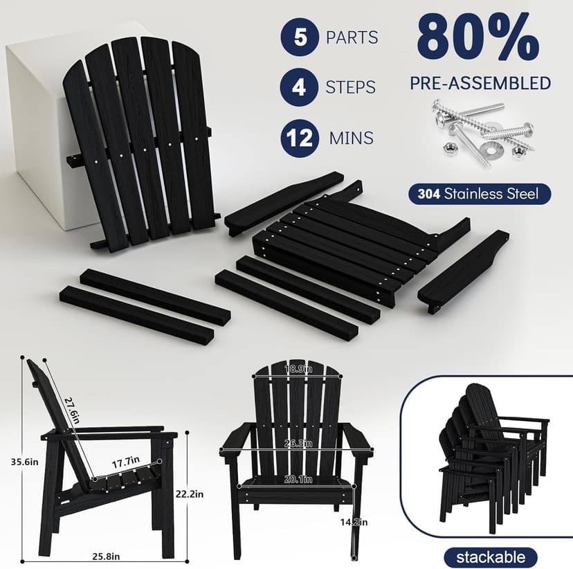 nevilywood Compact Stackable Adirondack Chairs Set of 4, 26.3" Wide HDPE Outdoor Patio Chairs - Durable, Space-Saving Design for Porch, Lawn or Garden, Black