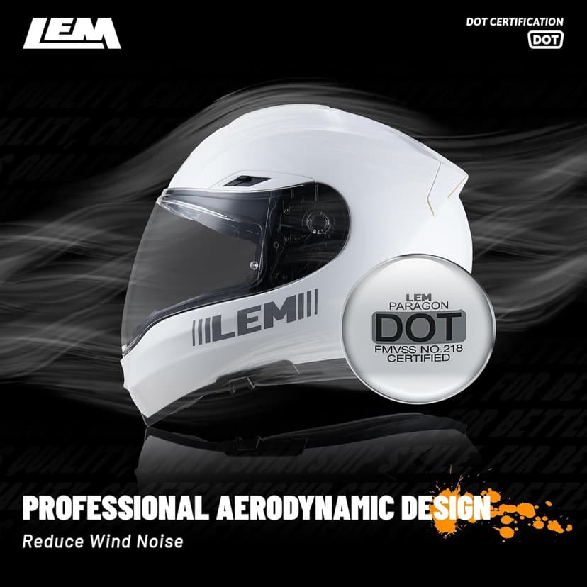 LEM Motorcycle Helmets Full Face, Helmets for Men DOT Certified, PINLOCK & DVS Dual Vision, Motorcycle Street Bike Helmet for Adults Fiberglass Shell Bluetooth Ready for Cruiser(White, Size M)