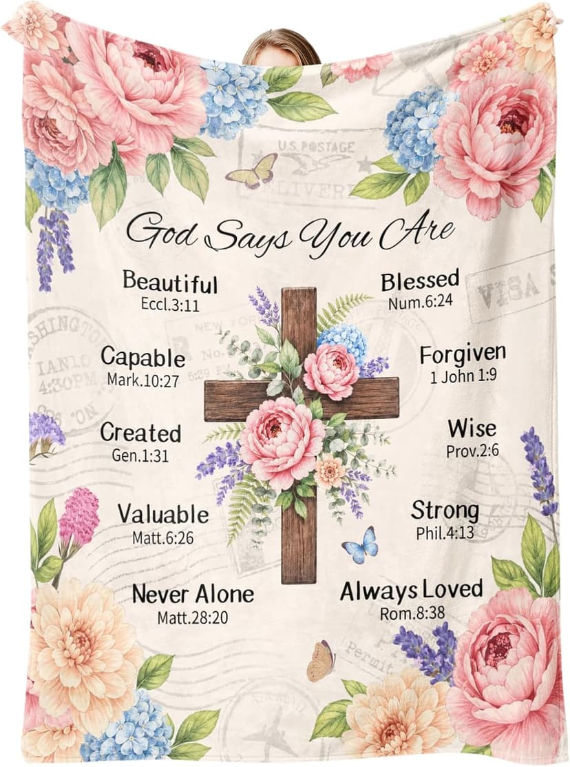 Inspirational Throw Blanket with Cross Flowers, Bible Verse for Mom, Daughter,Friends, Sister, Soft Flannel Blanket 50"x60" Birthday Blanket for Women, Christian Gifts for Friends, Mom B0HGLK3H1C