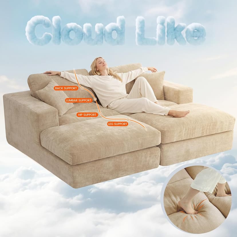 80.7" Oversized Double Chaise Lounge Chair Indoor, Cloud Boneless Sleeper Sofa Bed with 4 Pillows, Extra Deep Seat Cozy Loveseat Couch for Living Room Bedroom, No Assembly Required (Khaki)