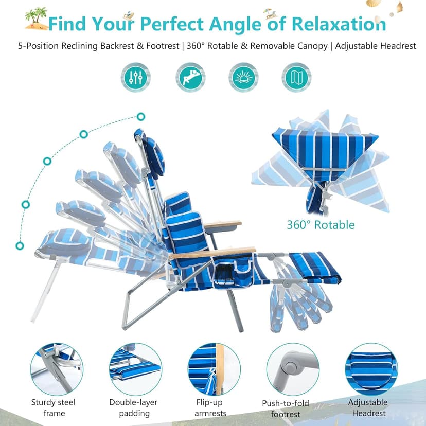 Oversized Beach Chair for Adults,5 Position Adjustable Tanning Chair with Sun Canopy,Folding Reclining Lounge Chir with Face Holes,Backpack Portable for Patio Pool Camping (Blue-White,Medium)