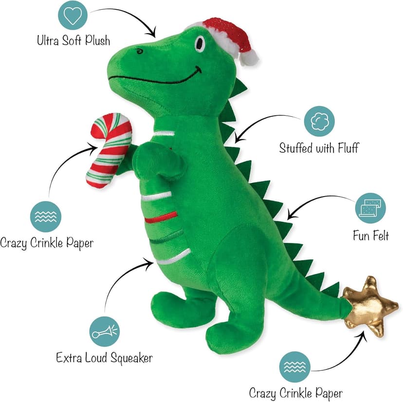 Fringe Studio Pet Toy, REX-MAS is HERE! Green Rex Plush Dog Toy, PetShop Collection (314629) B0FQK351MN