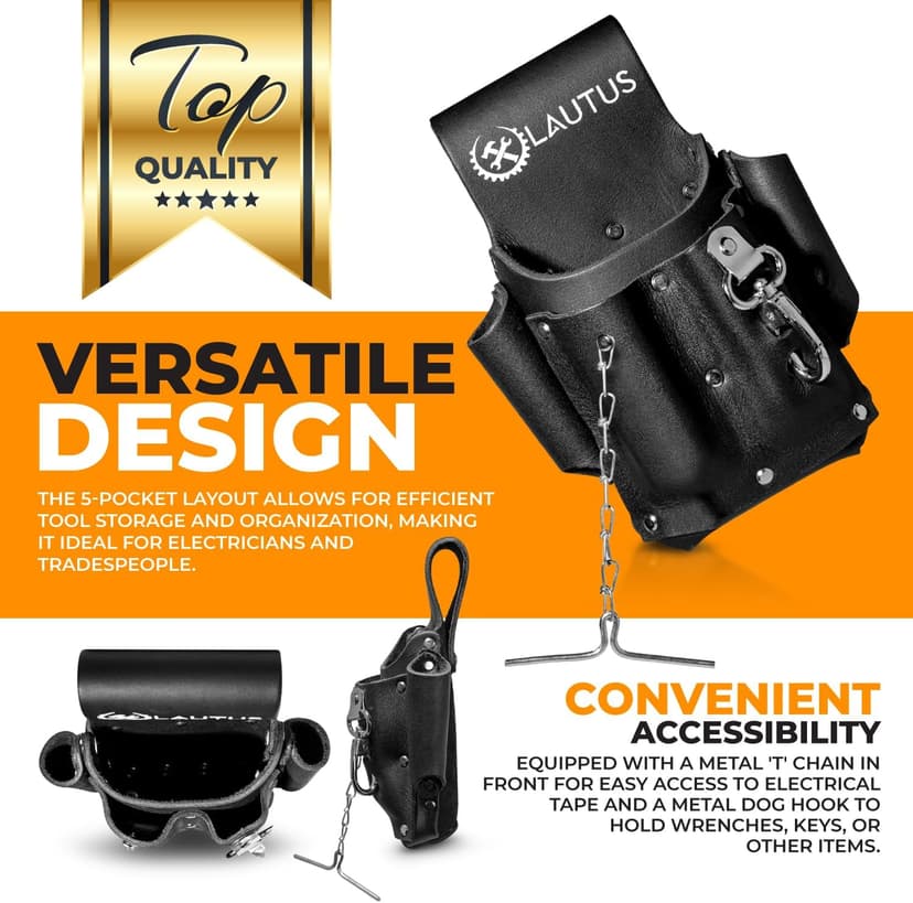 LAUTUS Electrician Full Top Grain Leather Tool Pouch; 5 Pocket Pouch with Electrical Tape Chain; Durable Compartments; Washer Rivets; Includes Metal Tool Clip; Black