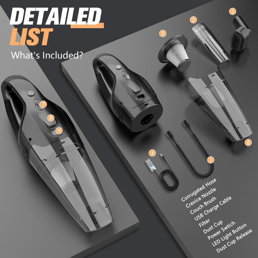 Handheld Vacuum Cordless Rechargeable with LED Light, Car Vacuum Portable Cordless, Hand Vacuum Cleaner Car Seats, Home, Quick Cleanup, Strong Suction, Lightweight, Includes Crevice Nozzle & Brush