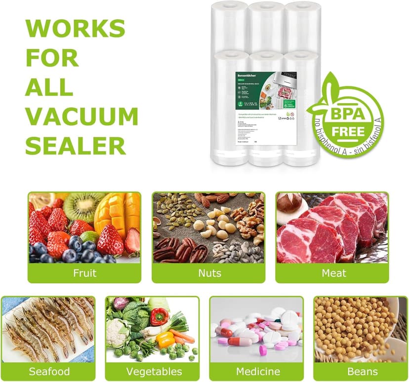 Bonsenkitchen Vacuum Sealer Rolls Bags, 6 Pack 3 Rolls 11" x 20' + 3 Rolls 8" x 20' Commercial Grade BPA Free Bag Rolls, Durable Customized Size Food Vac Bags for Storage and Sous Vide Cooking VB3211