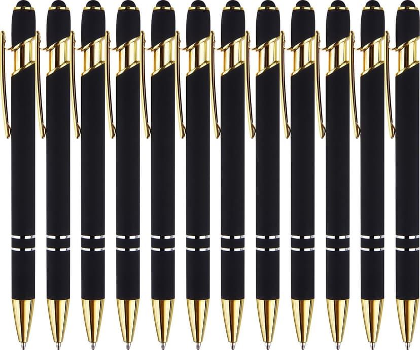 LINFANC 12 Pack Black Gold Ballpoint Pen with Stylus Tip, 1.0 mm Black Ink Smooth Writing Pens, Metal Stylus Pens for Touch Screens