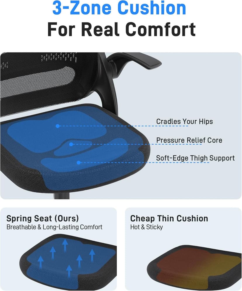 Ergonomic Mesh Office Chair for Home Office, Flip-Up Arms, Breathable Mesh Back & Thick Seat Cushion, Swivel Rolling Computer Desk Chair, BIFMA Certified, Supports 300 lbs (Black Frame/Black Seat)