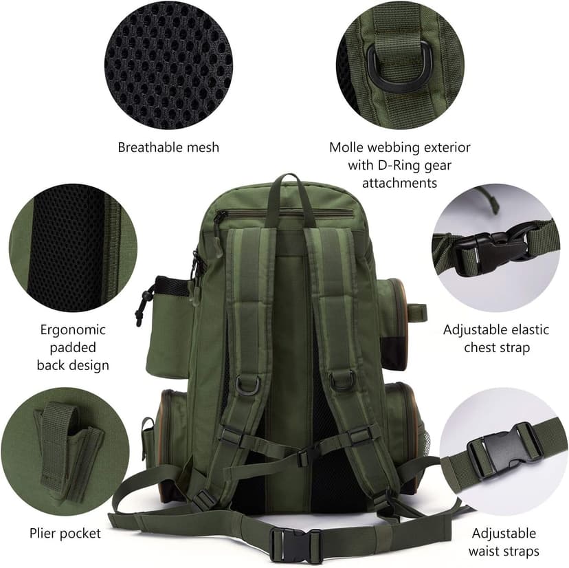 BASSDASH Fishing Tackle Backpack Water Resistant Tactical Bag Soft Tackle Box with Rod Holder and Protective Rain Cover