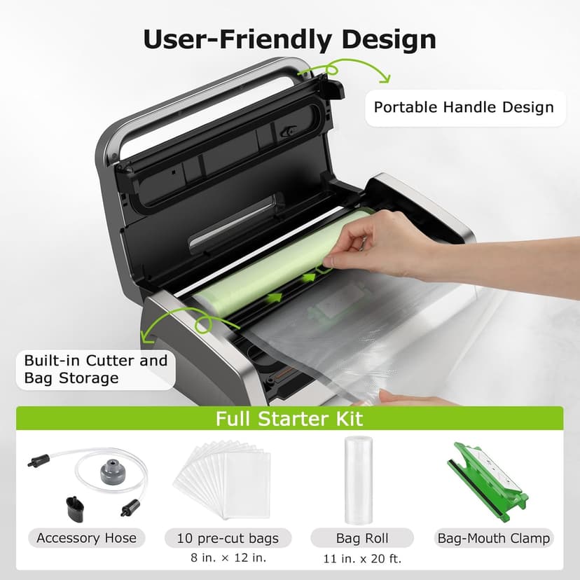 Bonsenkitchen Vacuum Sealer Machine, Globefish Technology for Perfect Vacuum Sealing, Powerful Low-Noise Food Vacuum Sealer with Easy Handle Design, Built-in Cutter & Bag Storage, 1 Bag Roll & 10 Bags