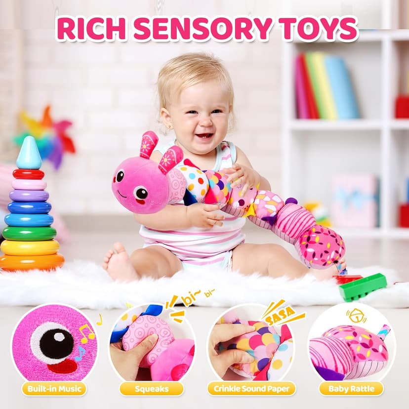 KMUYSL Baby Toys 0-6 6-12 Months, Sensory Music Animal Stuffed Toy for 0 1 2 3 4 5 6+ Months, Plush Toy with Crinkle and Rattles for Infant Newborn, Tummy Time Toys Gifts for 0-3-6-12 Month