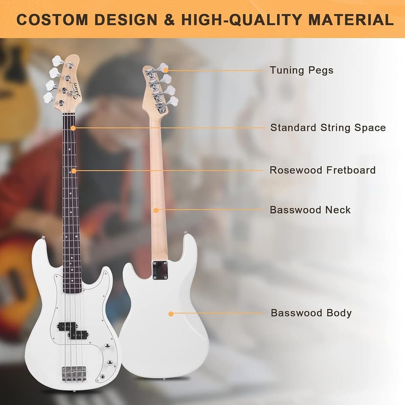 GLARRY Full Size Electric Bass Guitar Beginner Kit 4 String Exquisite Basswood Bass with 20W AMP, Cable, Strap, Bag and Accessories (White, 39"Right Handed)