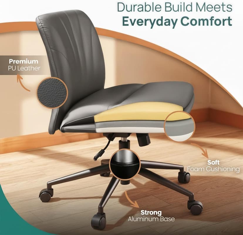 NYPOT Armless Desk Chair with Wheels for Criss Cross Sitting - Cross Legged Wide Armless Chair - Adjustable Vanity 360° Swivel Stool and 120° Rocking Wide Seat Comfy for Home and Office, Color Grey