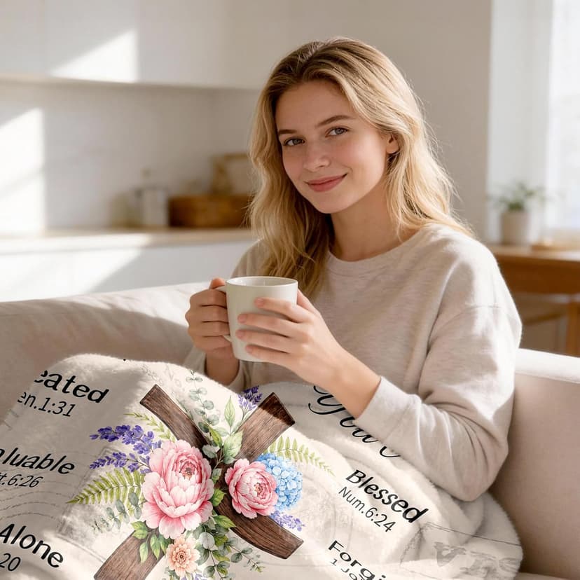Inspirational Throw Blanket with Cross Flowers, Bible Verse for Mom, Daughter,Friends, Sister, Soft Flannel Blanket 50"x60" Birthday Blanket for Women, Christian Gifts for Friends, Mom B0HGLK3H1C