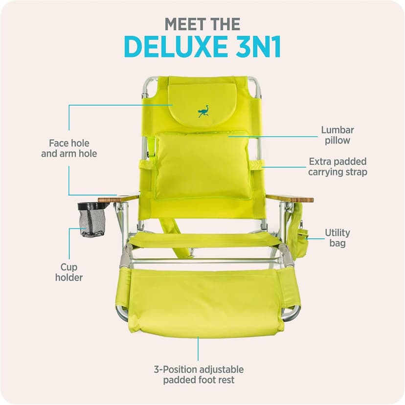 Ostrich the Deluxe 3N1 Lightweight Lawn Beach Reclining Lounge Chair with Footrest, Outdoor Furniture for Patio, Balcony, Backyard, or Porch, Lime